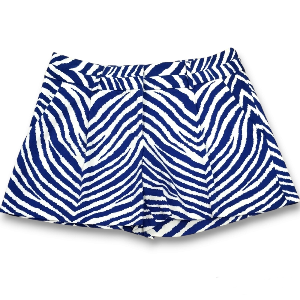 $225 MILLY Side Pocket Shorts Zebra Tiger Animal Print Cobalt Blue USA Made 8